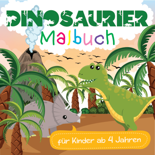 Dinosaurier Malbuch für Kinder ab 4 Jahren Buchdeckel mit Tyrannosaurus Rex und Triceratops
