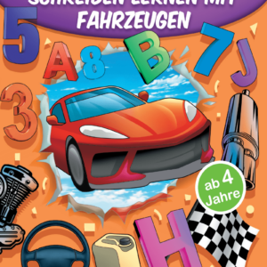 Sportauto das durch ein Loch springt mit der Überschrift Buchstaben und Zahlen schreiben lernen mit Fahrzeugen