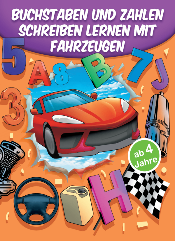 Sportauto das durch ein Loch springt mit der Überschrift Buchstaben und Zahlen schreiben lernen mit Fahrzeugen