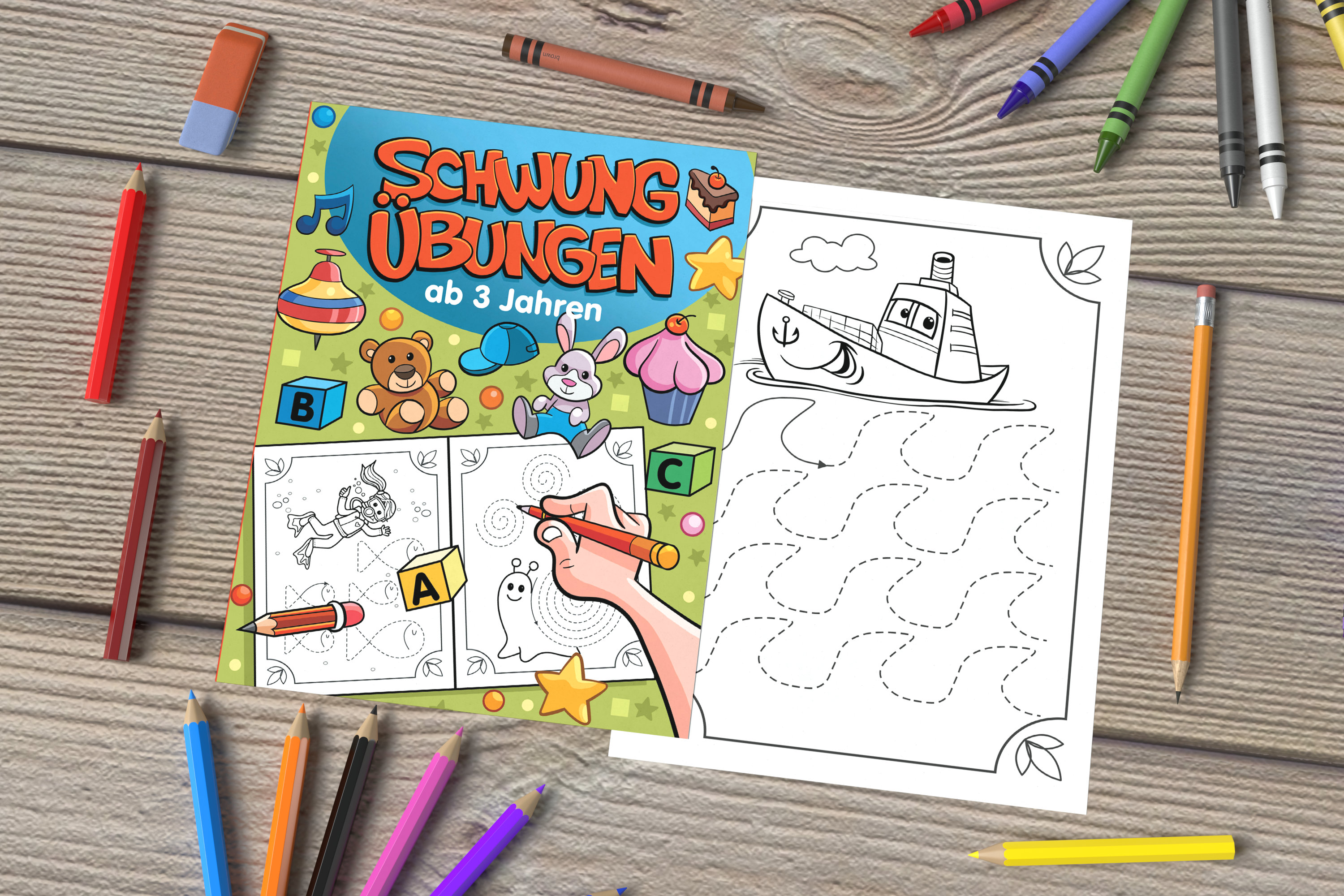 Übungsheft Schwungübungen ab 3 Jahren Cover mit einer Bespielseite auf einem Schreibtisch mit Buntstiften